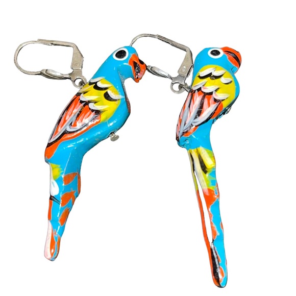 Vintage Wooden Parrot Dangle Earrings 80s Jewelry Tropical Beach Multi Color 2” - Picture 4 of 4